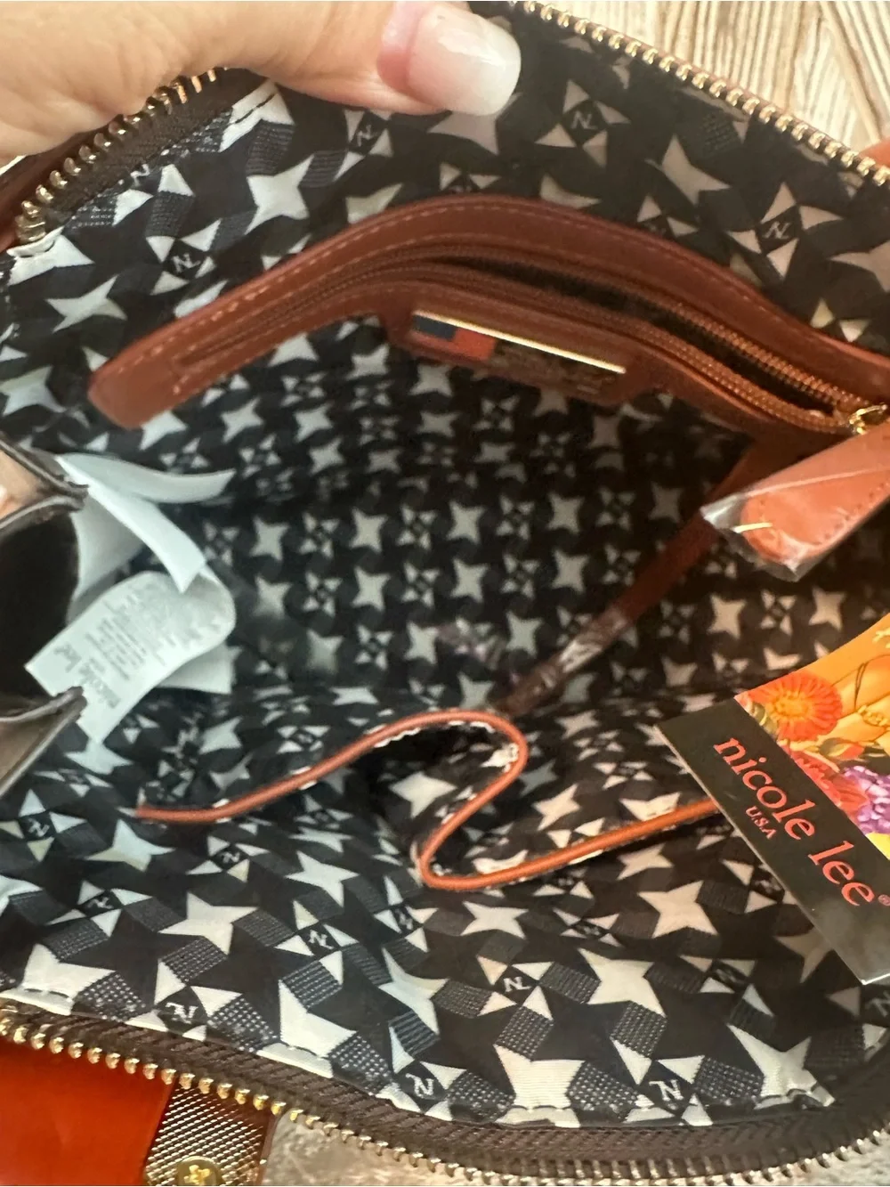 Nicole Lee USA Brown Satchel Handbag Purse Retro Convertible Print NWT Tags